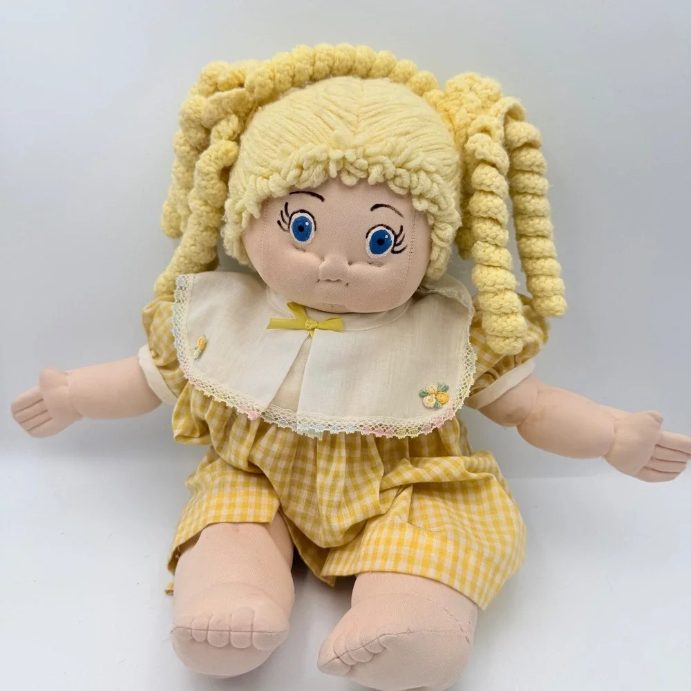 Vintage Handmade Soft Sculpture Doll Yellow Gingham Dress Yarn Hair 19 inch